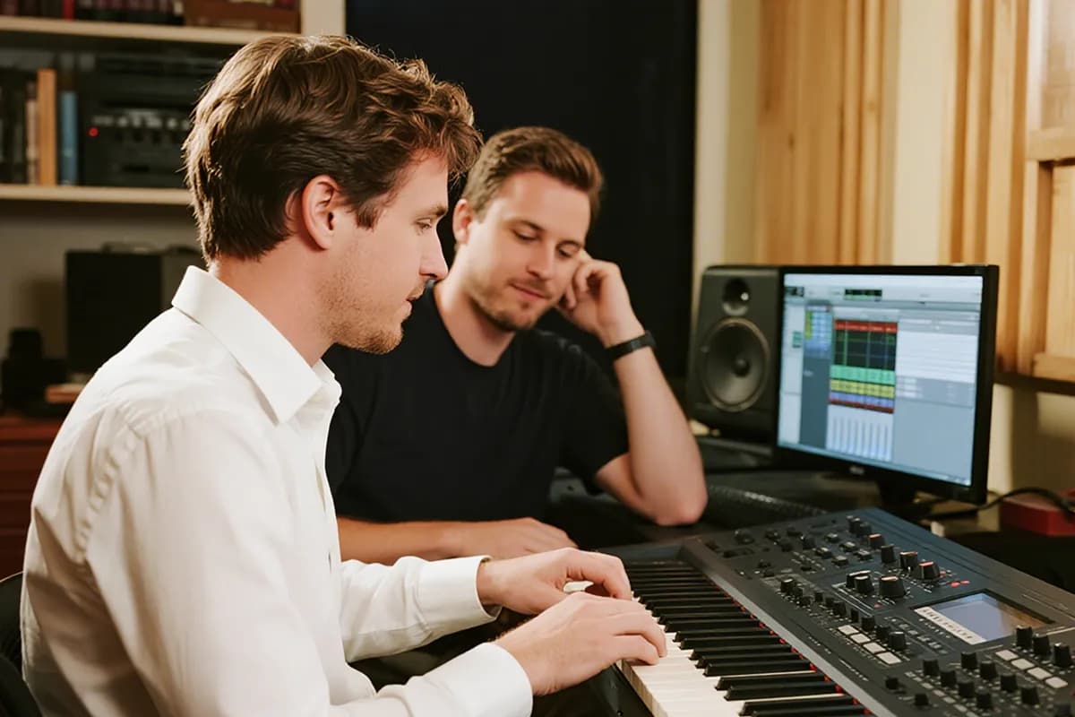 Branding team creating sonic identity using AI music generator from sample